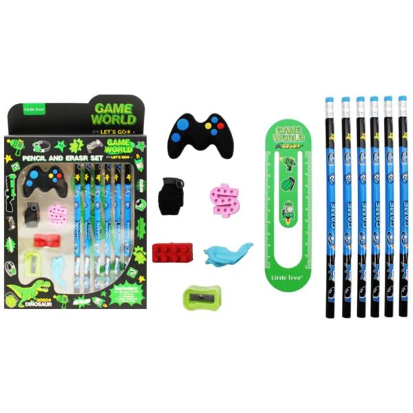 Game World 13-in-1 Stationery Set | Gaming Theme Pencil & Eraser Kit for Kids