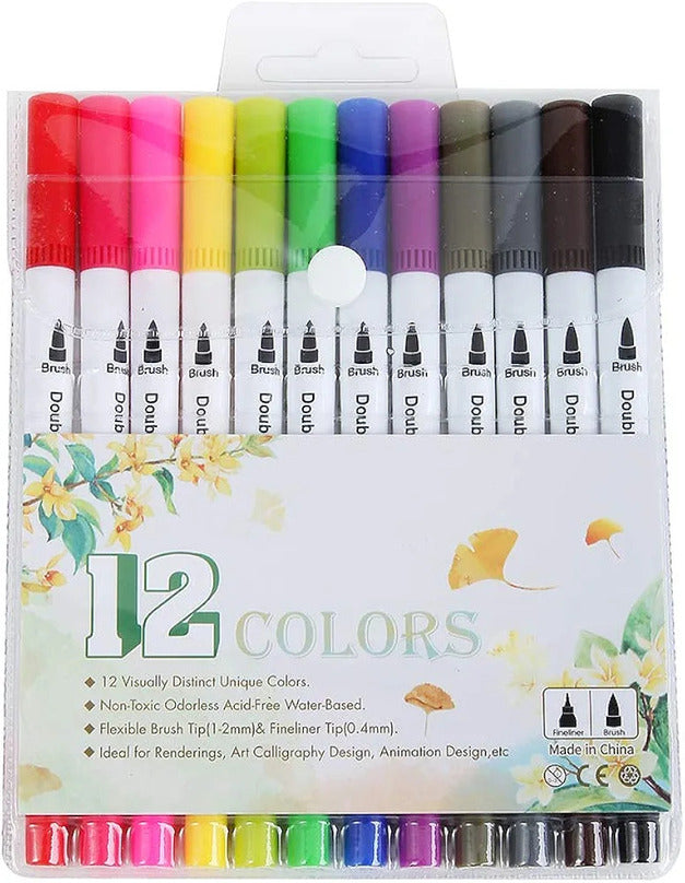 HAPPY DUDU Dual Tip Art Marker Set | 12 Color Brush & Fineliner Pens for Kids