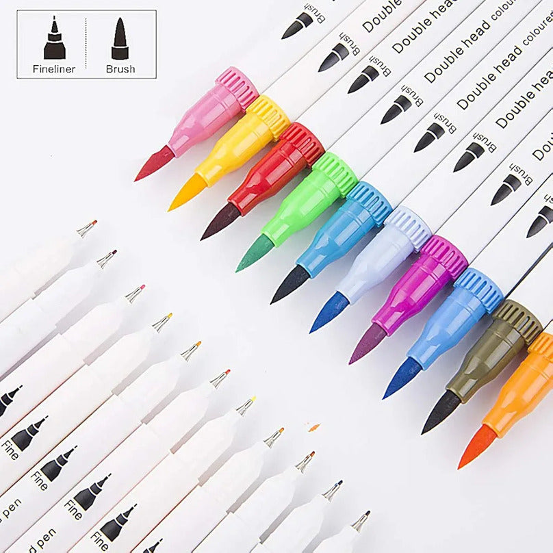 HAPPY DUDU Dual Tip Art Marker Set | 12 Color Brush & Fineliner Pens for Kids