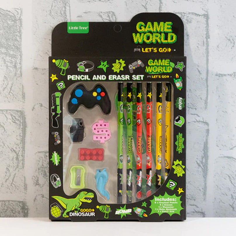 Game World 13-in-1 Stationery Set | Gaming Theme Pencil & Eraser Kit for Kids
