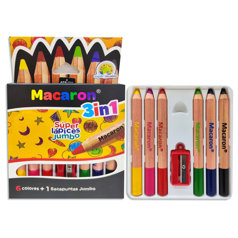 Macaron 3-in-1 Jumbo Color Pencil Set | 6 Jumbo Colour Pencils with Sharpener for Kids
