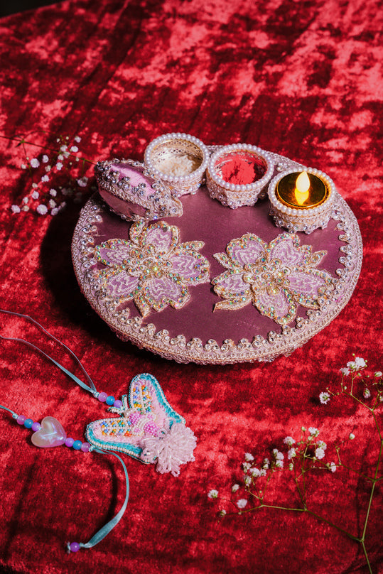 Mauve Velvet Floral Pooja Thali