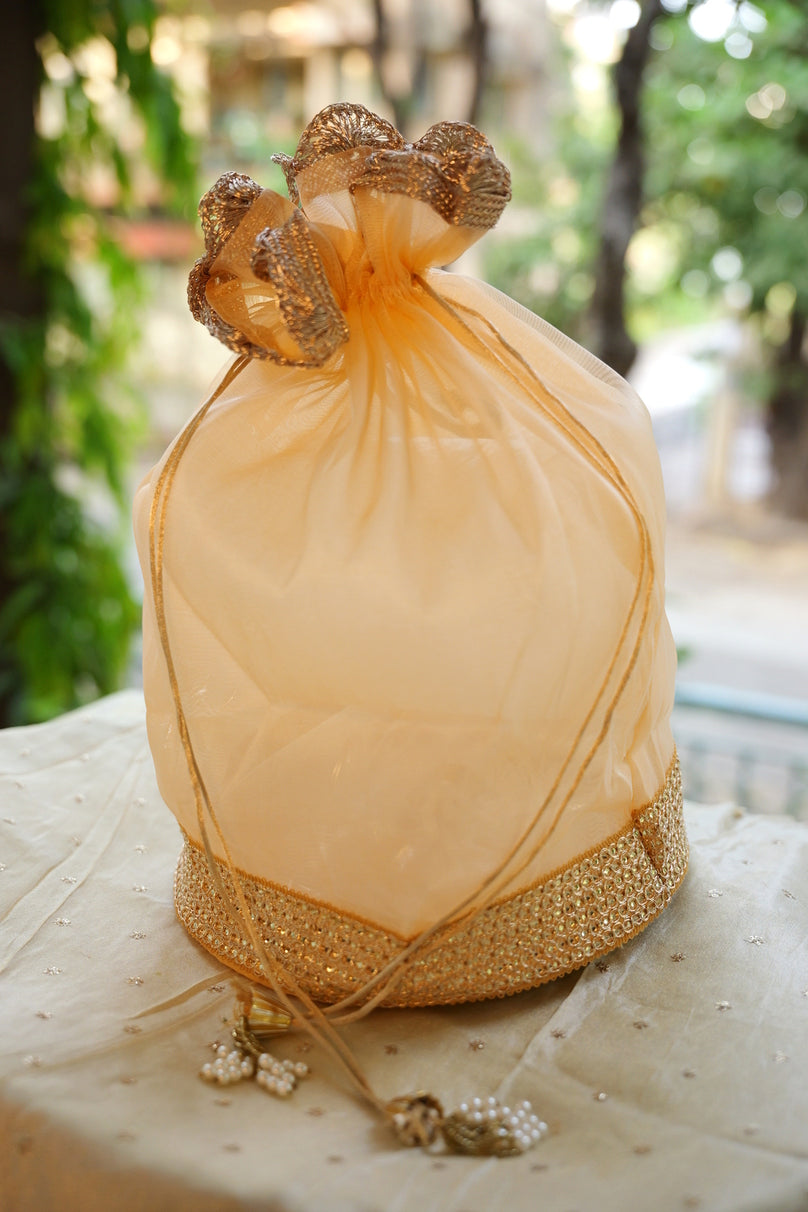 Golden Sheer Peacock Potli Bag