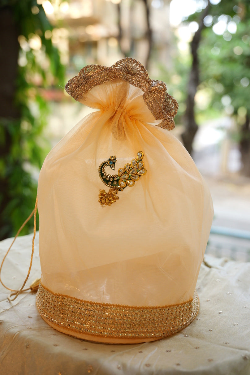 Golden Sheer Peacock Potli Bag