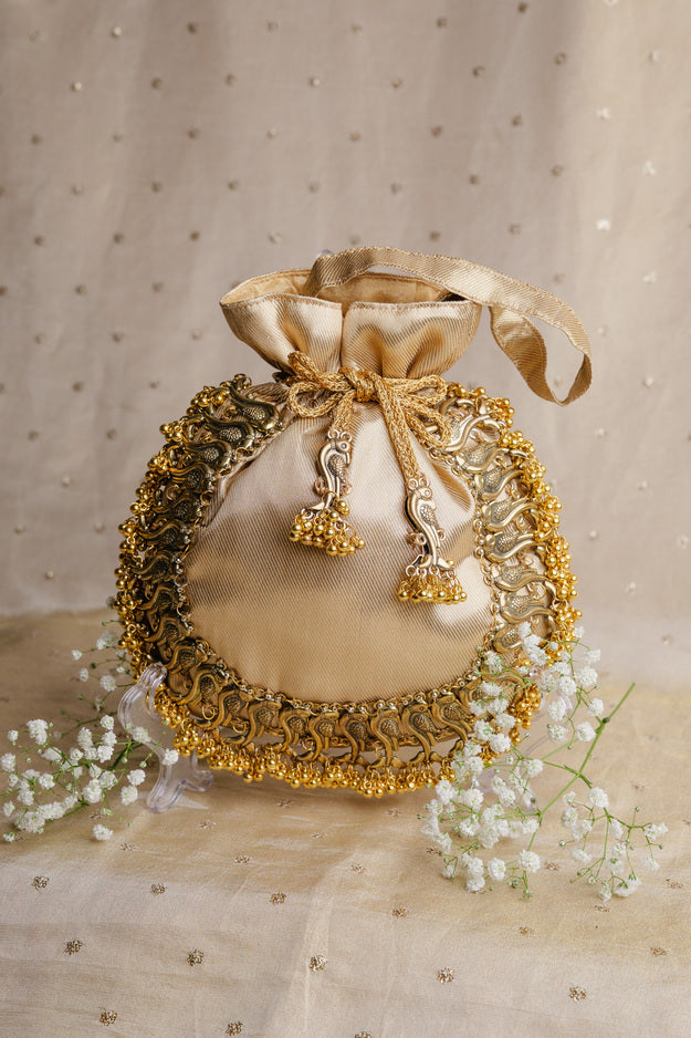 Gold Bird Nakshi Potli Bag | Luxury Wedding & Festive Gift Bag