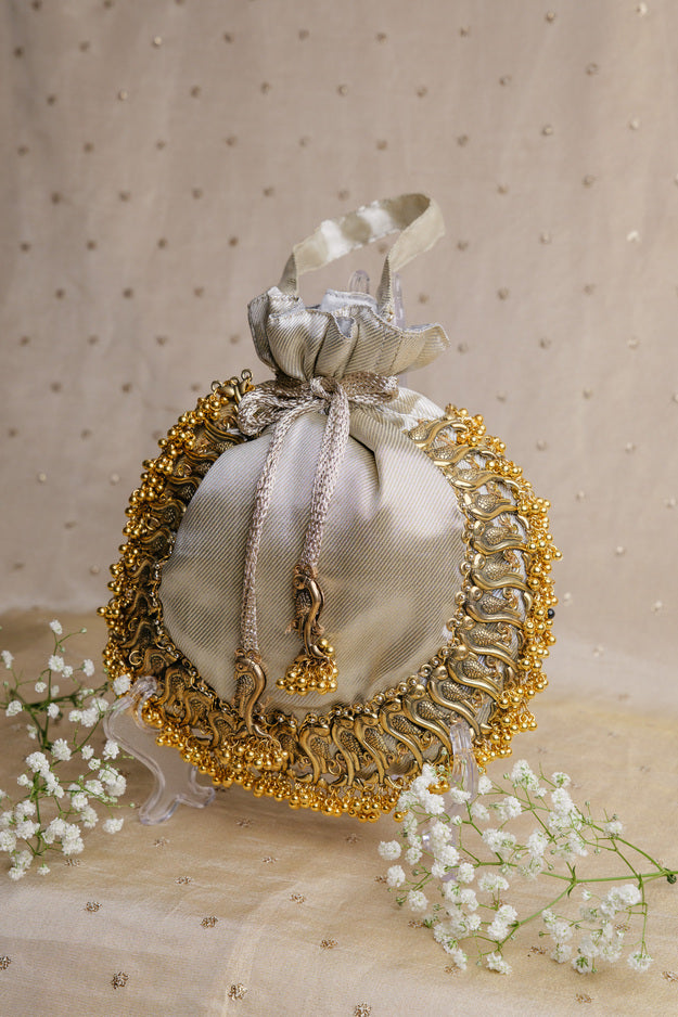 Silver Bird Nakshi Potli Bag | Luxury Wedding & Festive Gift Bag