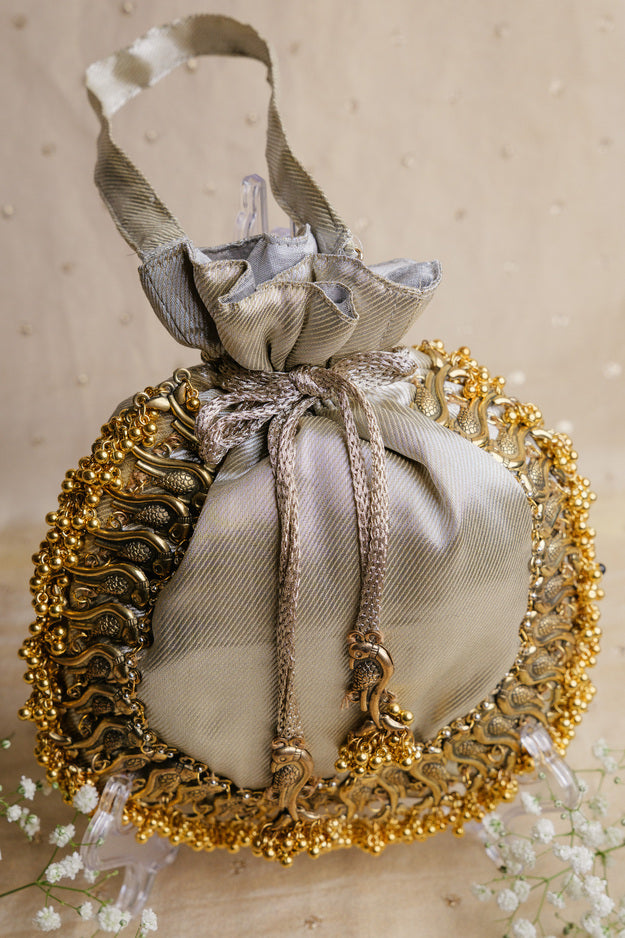 Silver Bird Nakshi Potli Bag | Luxury Wedding & Festive Gift Bag