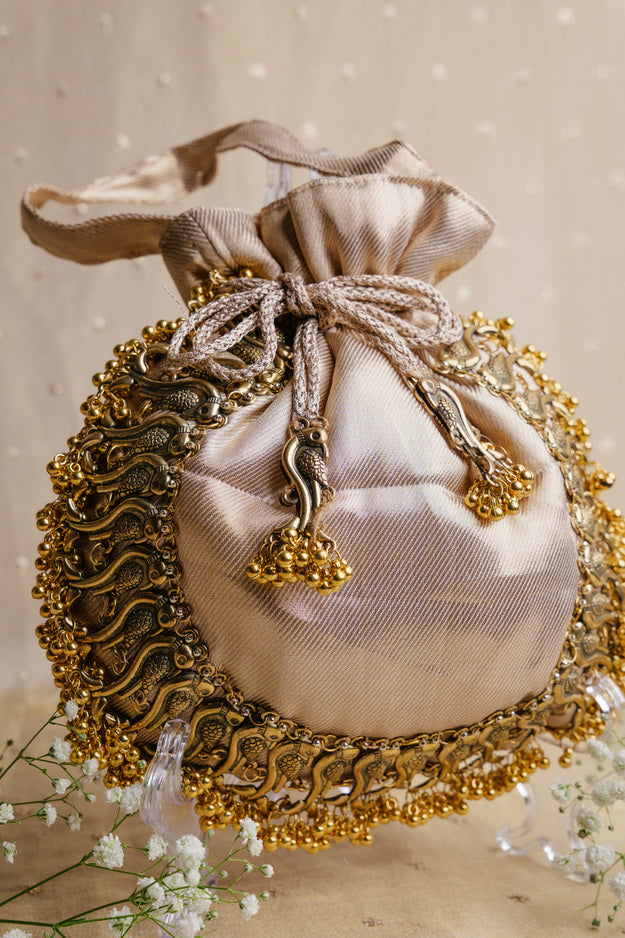Rose Gold Bird Nakshi Potli Bag | Luxury Wedding & Festive Gift Bag