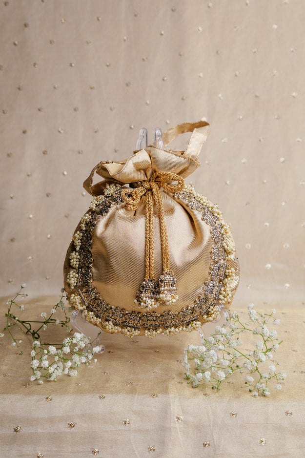 Gold Elephant Nakshi Potli Bag | Luxury Wedding & Festive Gift Bag