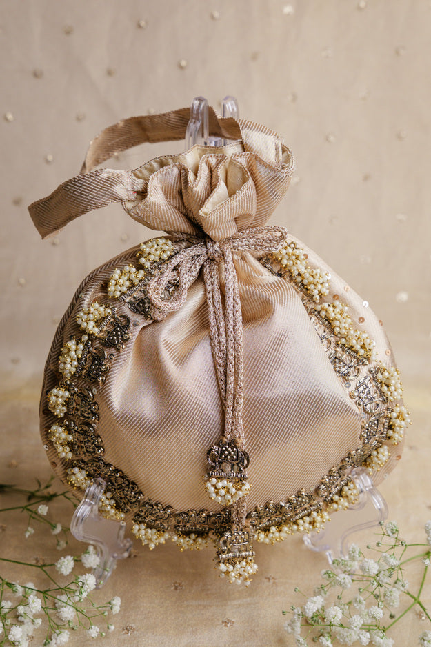 Rose Gold Elephant Nakshi Potli Bag | Luxury Wedding & Festive Gift Bag