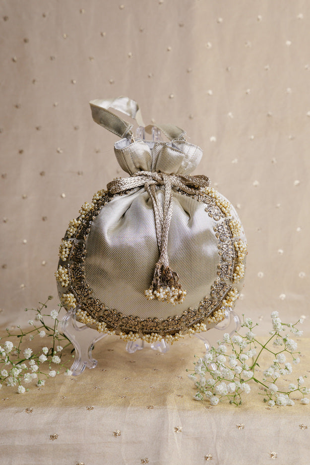 Silver Elephant Nakshi Potli Bag | Luxury Wedding & Festive Gift Bag