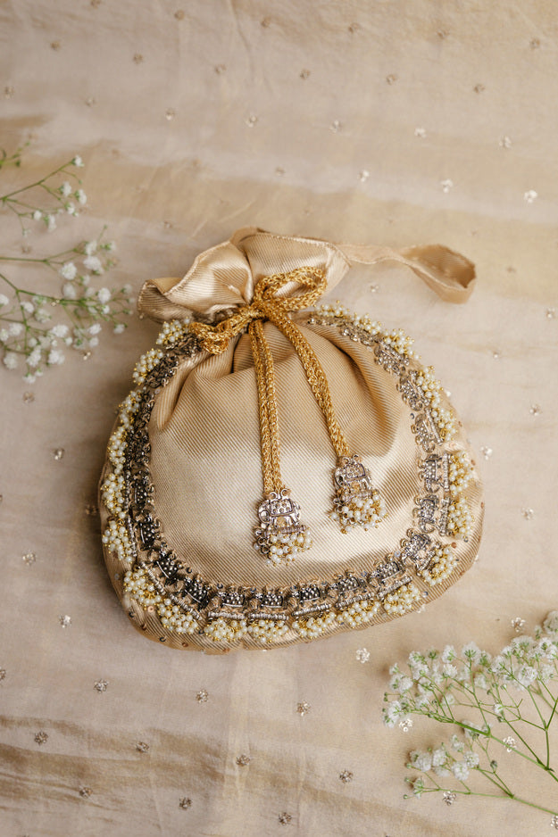 Gold Elephant Nakshi Potli Bag | Luxury Wedding & Festive Gift Bag