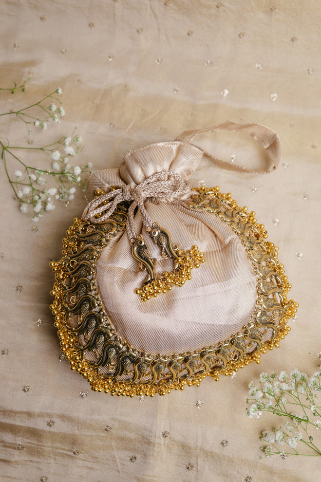 Rose Gold Bird Nakshi Potli Bag | Luxury Wedding & Festive Gift Bag