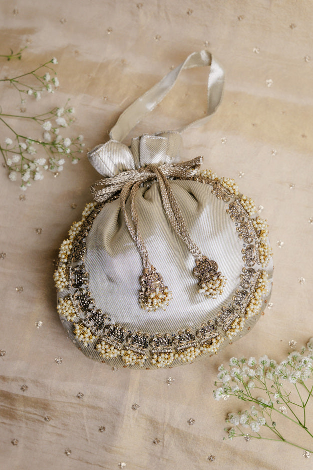 Silver Elephant Nakshi Potli Bag | Luxury Wedding & Festive Gift Bag