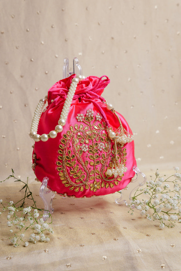 Pink Pearl Embroidered Potli Bag | Luxury Wedding & Festive Gift Bag