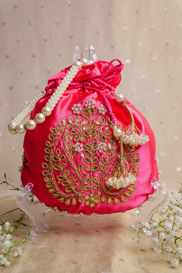 Pink Pearl Embroidered Potli Bag | Luxury Wedding & Festive Gift Bag