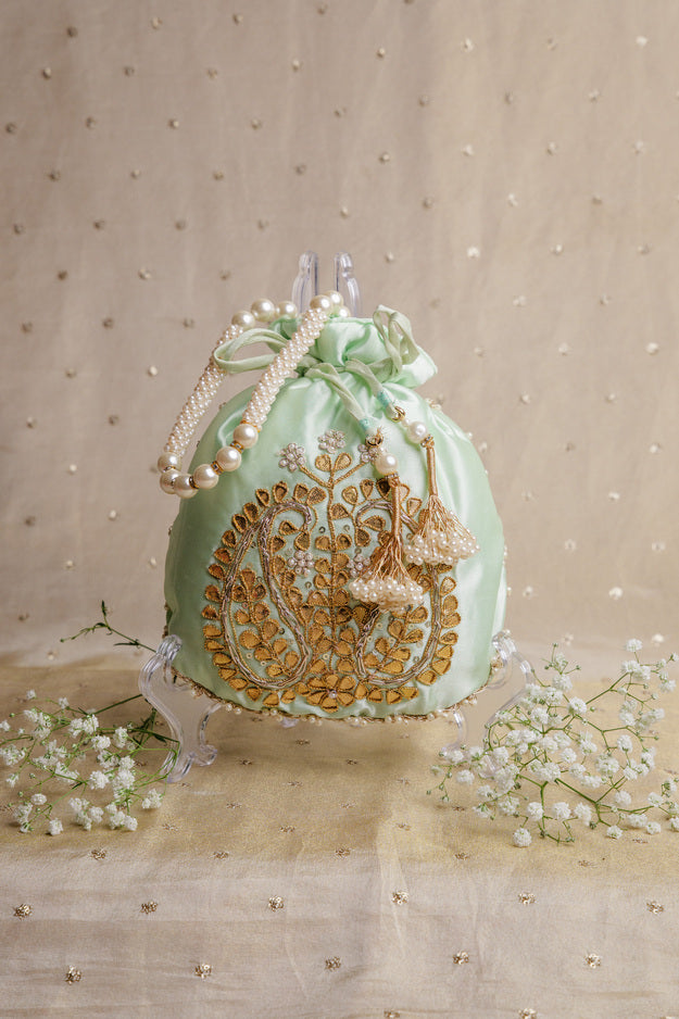 Pista Green Pearl Embroidered Potli Bag | Luxury Wedding & Festive Gift Bag