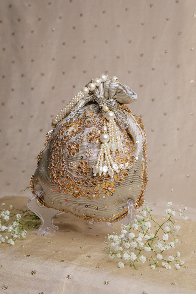 Luxury Silver Embroidered Bridal Potli Bag | Premium Wedding & Festive Gift Bag
