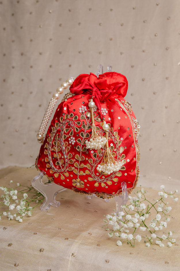 Red Pearl Embroidered Potli Bag | Luxury Wedding & Festive Gift Bag