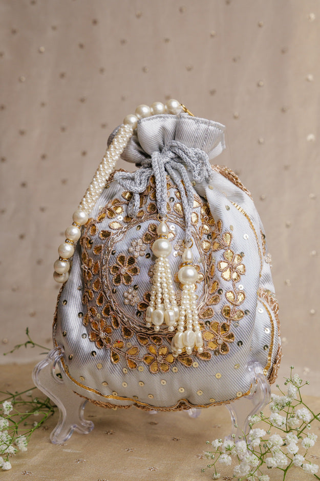 Luxury Light Silver Bridal Potli Bag | Premium Wedding & Festive Gift Bag