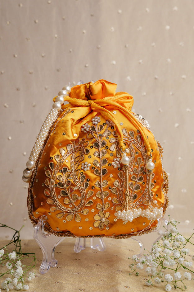 Yellow Pearl Embroidered Potli Bag | Luxury Wedding & Festive Gift Bag