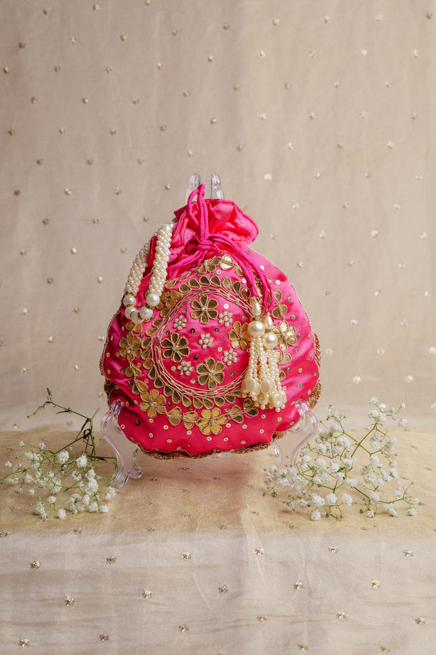 Luxury Pink Embroidered Bridal Potli Bag | Premium Wedding & Festive Gift Bag