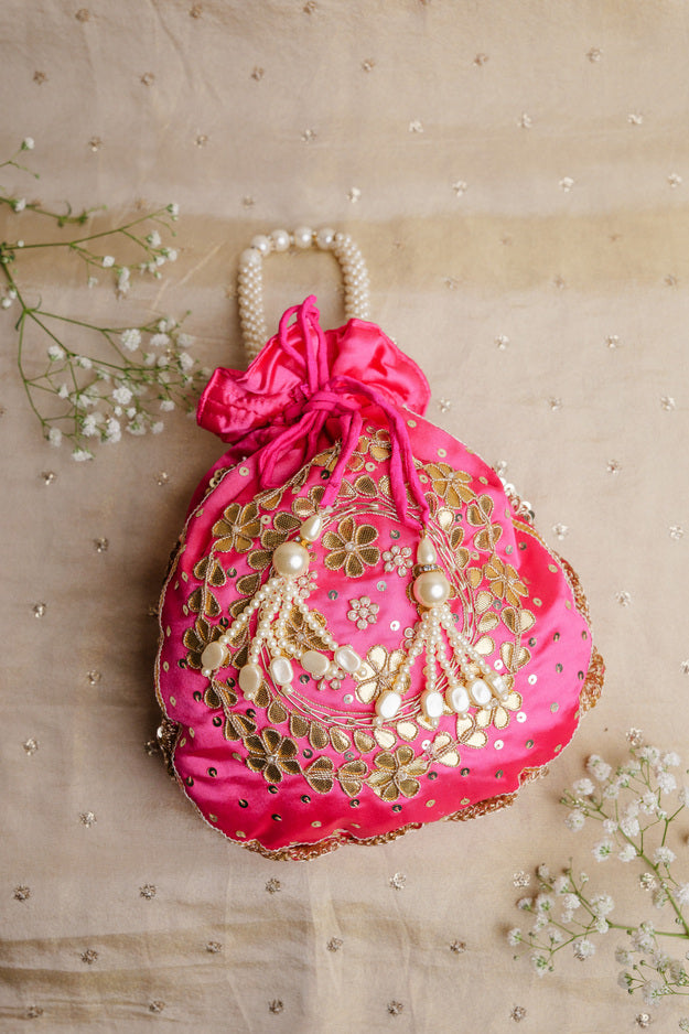 Luxury Pink Embroidered Bridal Potli Bag | Premium Wedding & Festive Gift Bag