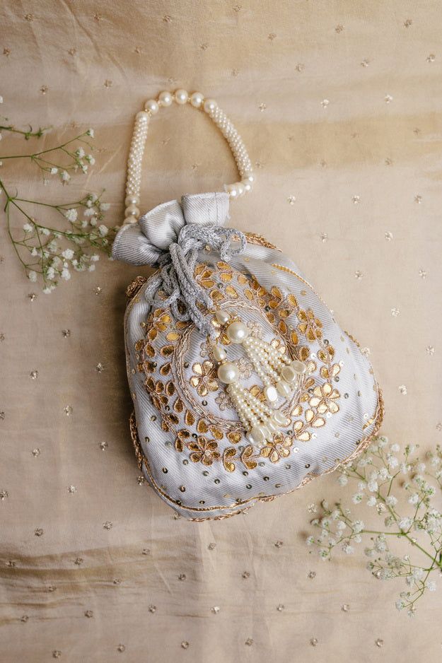 Luxury Light Silver Bridal Potli Bag | Premium Wedding & Festive Gift Bag