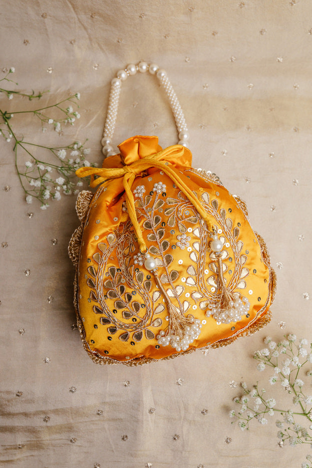 Yellow Pearl Embroidered Potli Bag | Luxury Wedding & Festive Gift Bag