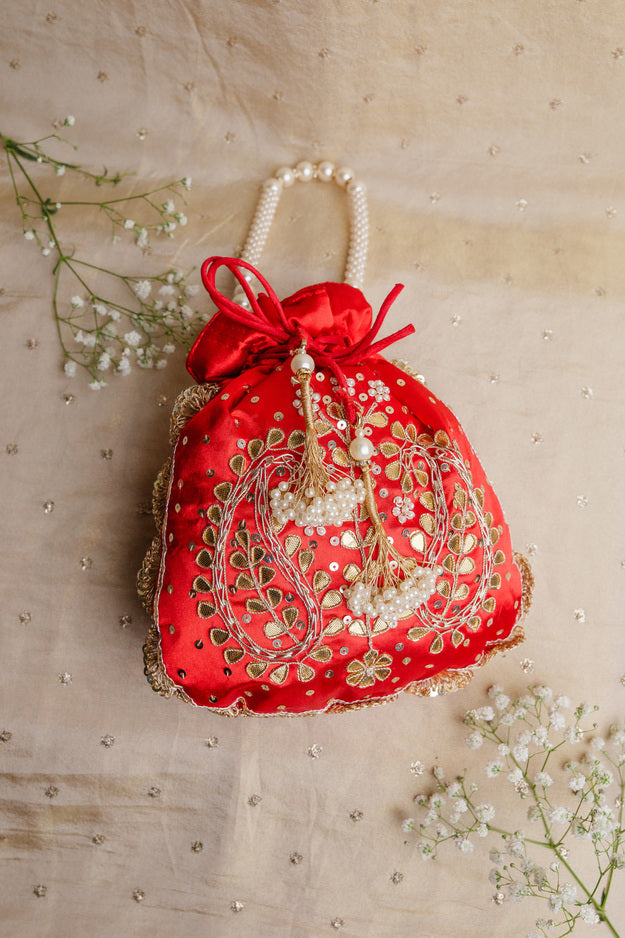 Red Pearl Embroidered Potli Bag | Luxury Wedding & Festive Gift Bag
