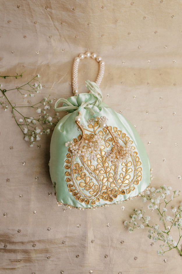 Pista Green Pearl Embroidered Potli Bag | Luxury Wedding & Festive Gift Bag