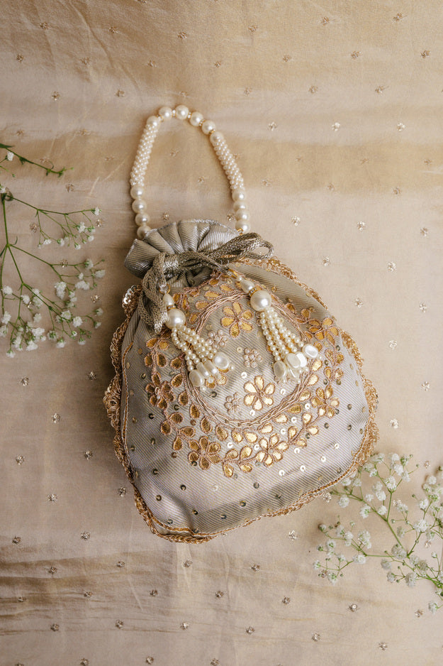 Luxury Silver Embroidered Bridal Potli Bag | Premium Wedding & Festive Gift Bag