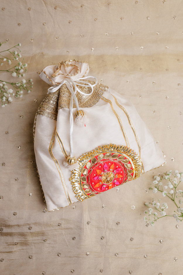 Elegant Ivory Embroidered Potli Bag | Wedding & Festive Gift Bag
