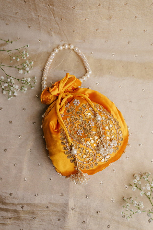 Yellow Pearl Embroidered Potli Bag | Luxury Wedding & Festive Gift Bag