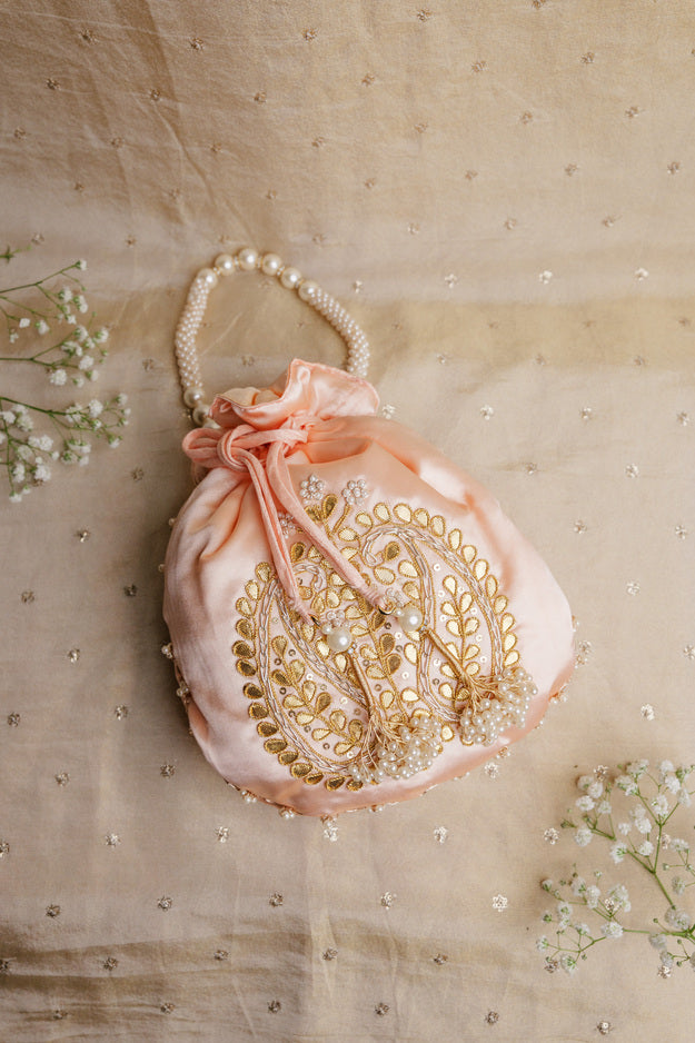 Peach Pearl Embroidered Potli Bag | Luxury Wedding & Festive Gift Bag