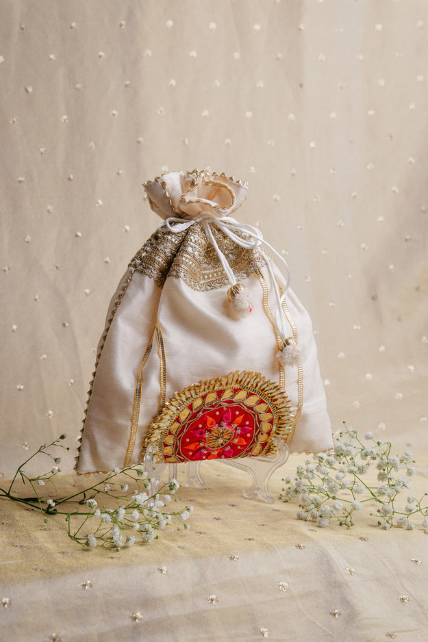 Elegant Ivory Embroidered Potli Bag | Wedding & Festive Gift Bag