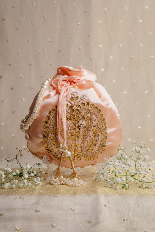 Peach Pearl Embroidered Potli Bag | Luxury Wedding & Festive Gift Bag
