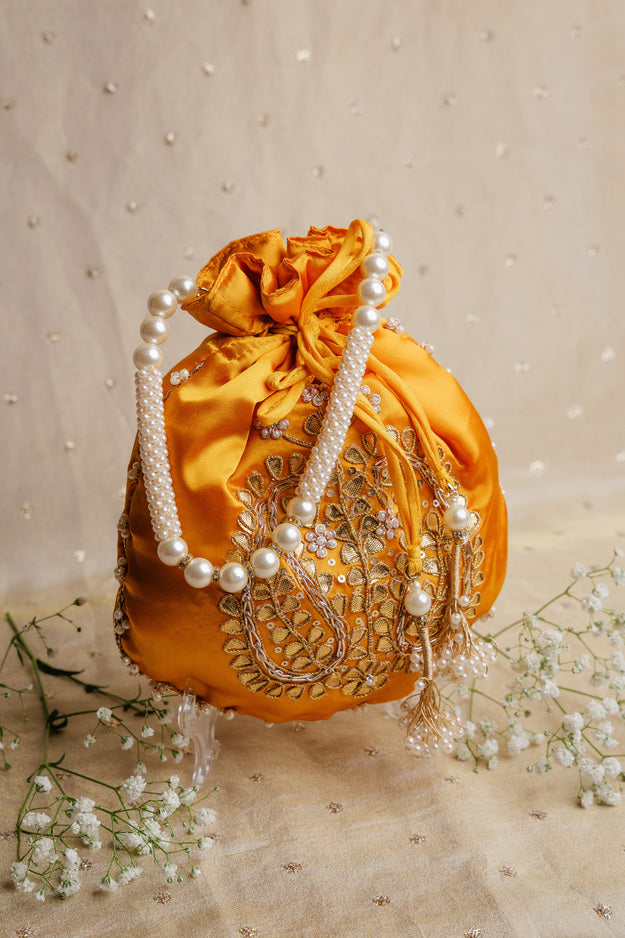 Yellow Pearl Embroidered Potli Bag | Luxury Wedding & Festive Gift Bag