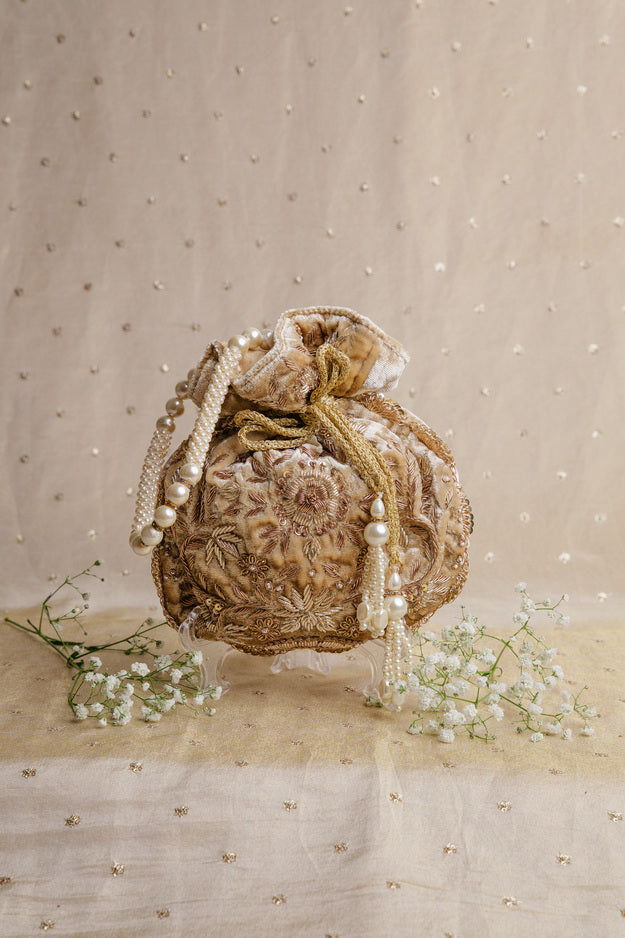 Luxury Beige Bridal Potli Bag | Premium Wedding & Festive Gift Bag