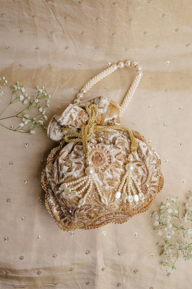 Luxury Beige Bridal Potli Bag | Premium Wedding & Festive Gift Bag