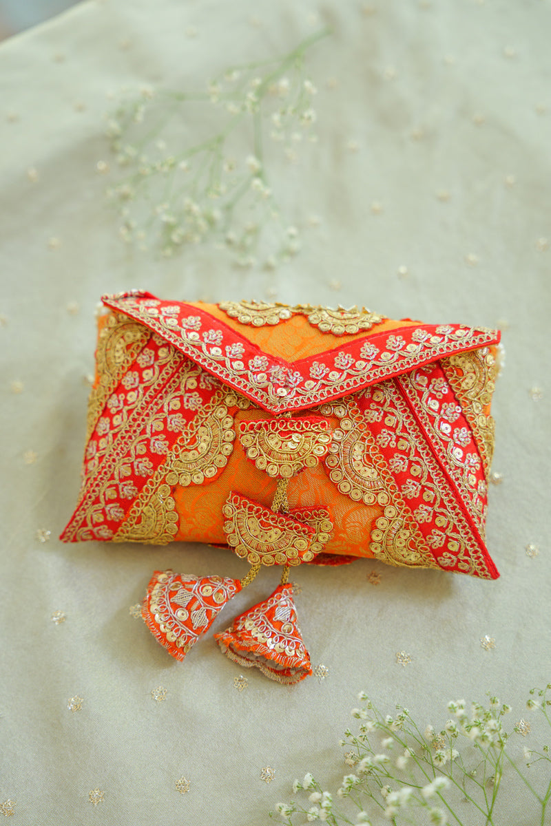 Orange Cane Silk Cash Envelope | Designer Wedding Gift Envelope