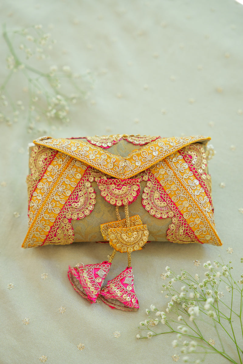 Mustard Gold Cane Silk Cash Envelope | Designer Wedding Gift Envelope
