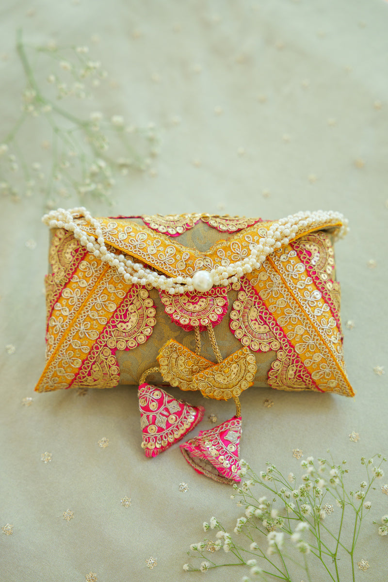 Mustard Gold Cane Silk Cash Envelope | Designer Wedding Gift Envelope