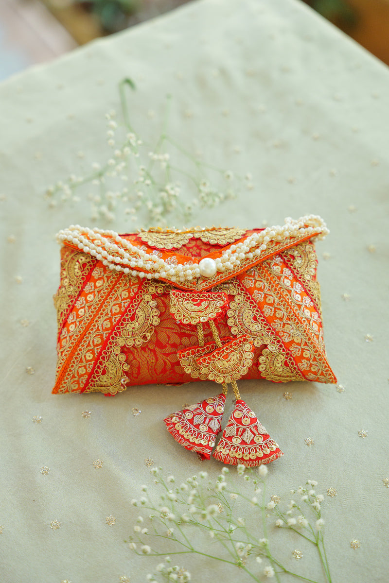 Maroon Red Cane Silk Cash Envelope | Designer Wedding Gift Envelope