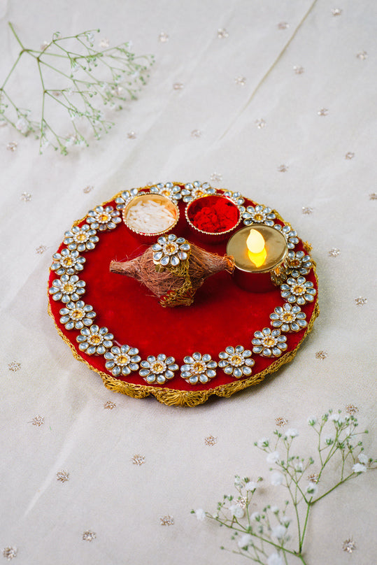 Red Thali with Golden Floral Kundan Work