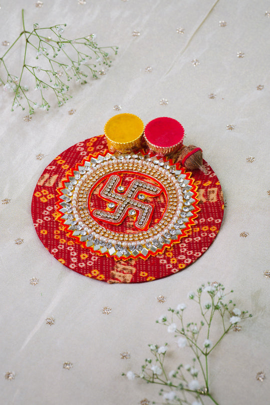 Traditional Swastik Pooja Thali – Red Bandhani Print