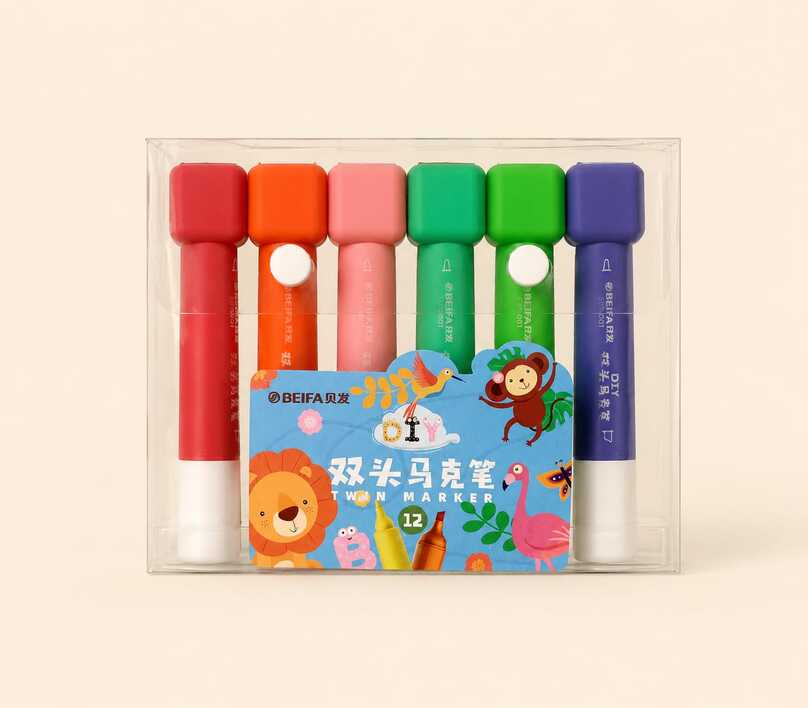 Beifa Dual Tip Stamp Marker Set | 12 Color Stamp Pens for Kids