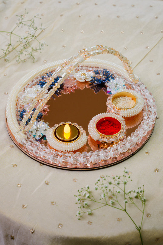 Designer rose gold pooja thali for Diwali and Rakhi