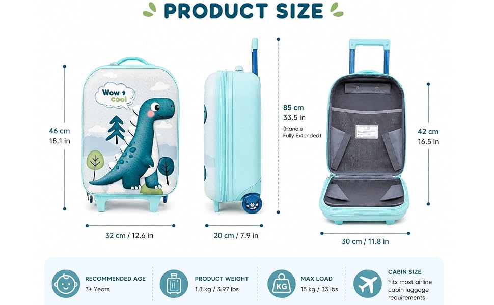 Dinosaur Kids Trolley Bag | 16 Inch Hard Shell Suitcase