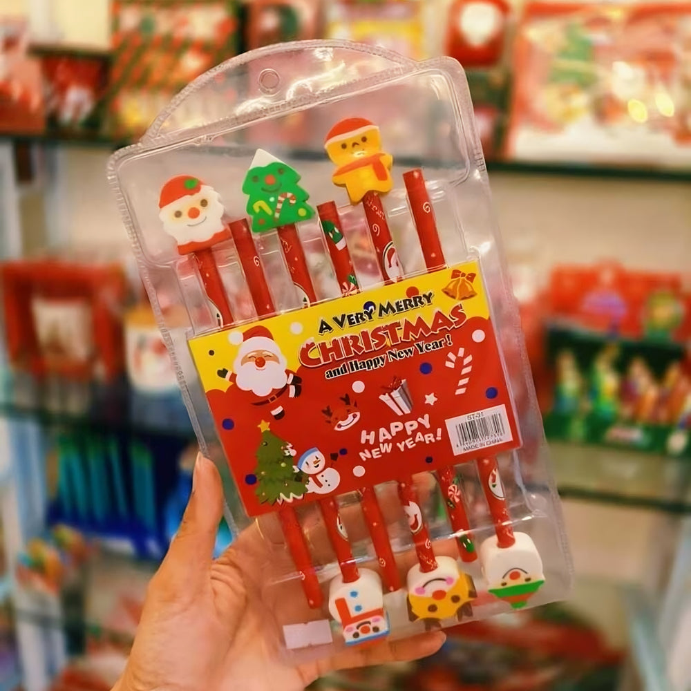 Christmas Pencil Set with Cute Topper Erasers – Pack of 6
